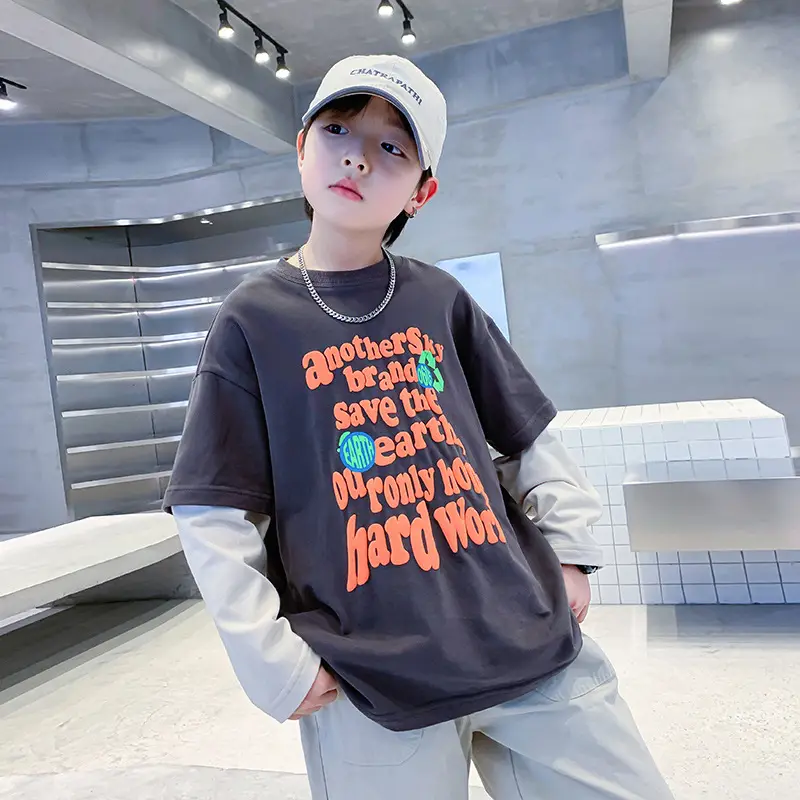 Boys Faux Two-Piece T-Shirt 2026 Loose Fit Dark Blue