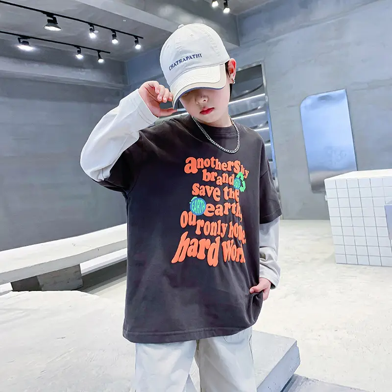 Boys Faux Two-Piece T-Shirt 2026 Loose Fit Dark Blue