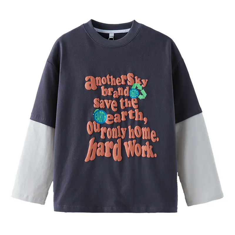 Boys Faux Two-Piece T-Shirt 2026 Loose Fit Dark Blue