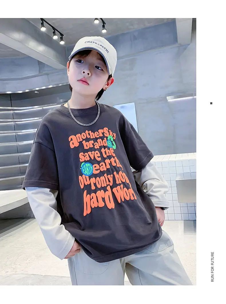 Boys Faux Two-Piece T-Shirt 2026 Loose Fit Dark Blue — feature 16