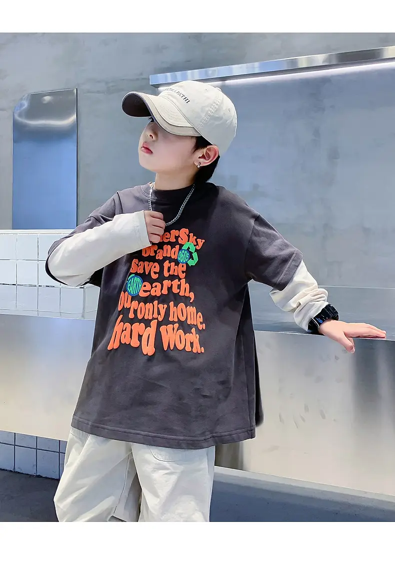Boys Faux Two-Piece T-Shirt 2026 Loose Fit Dark Blue — feature 20