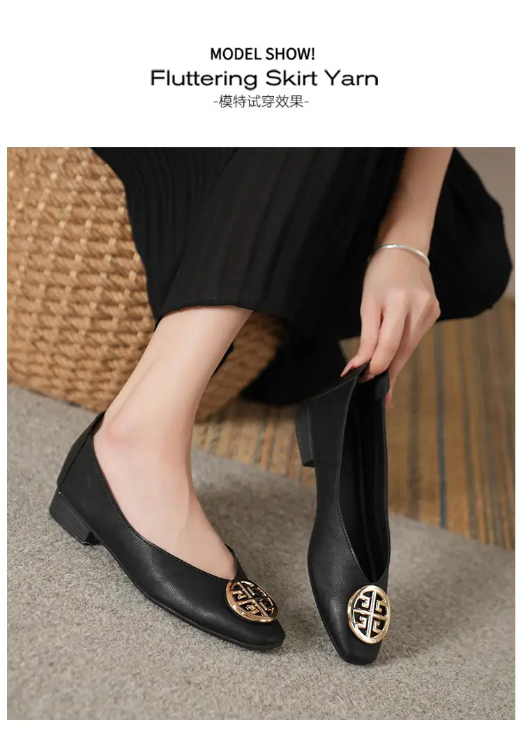 Soft Leather 2024 New Style Soft Leather Retro Buckle Shallow Shoes Low-Heeled Shoes Women's Artistic Square-Toe Mary Jane Shoes — feature 32