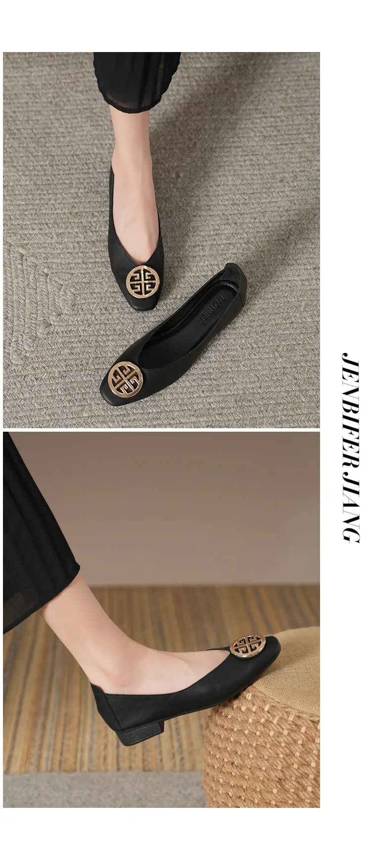 Soft Leather 2024 New Style Soft Leather Retro Buckle Shallow Shoes Low-Heeled Shoes Women's Artistic Square-Toe Mary Jane Shoes — feature 37
