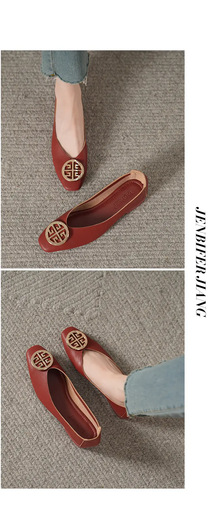 Soft Leather 2024 New Style Soft Leather Retro Buckle Shallow Shoes Low-Heeled Shoes Women's Artistic Square-Toe Mary Jane Shoes — feature 42