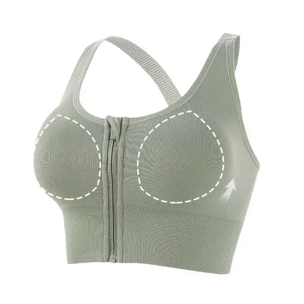 Front Zipper Hidden Buckle Sports Bra Green - Image 6