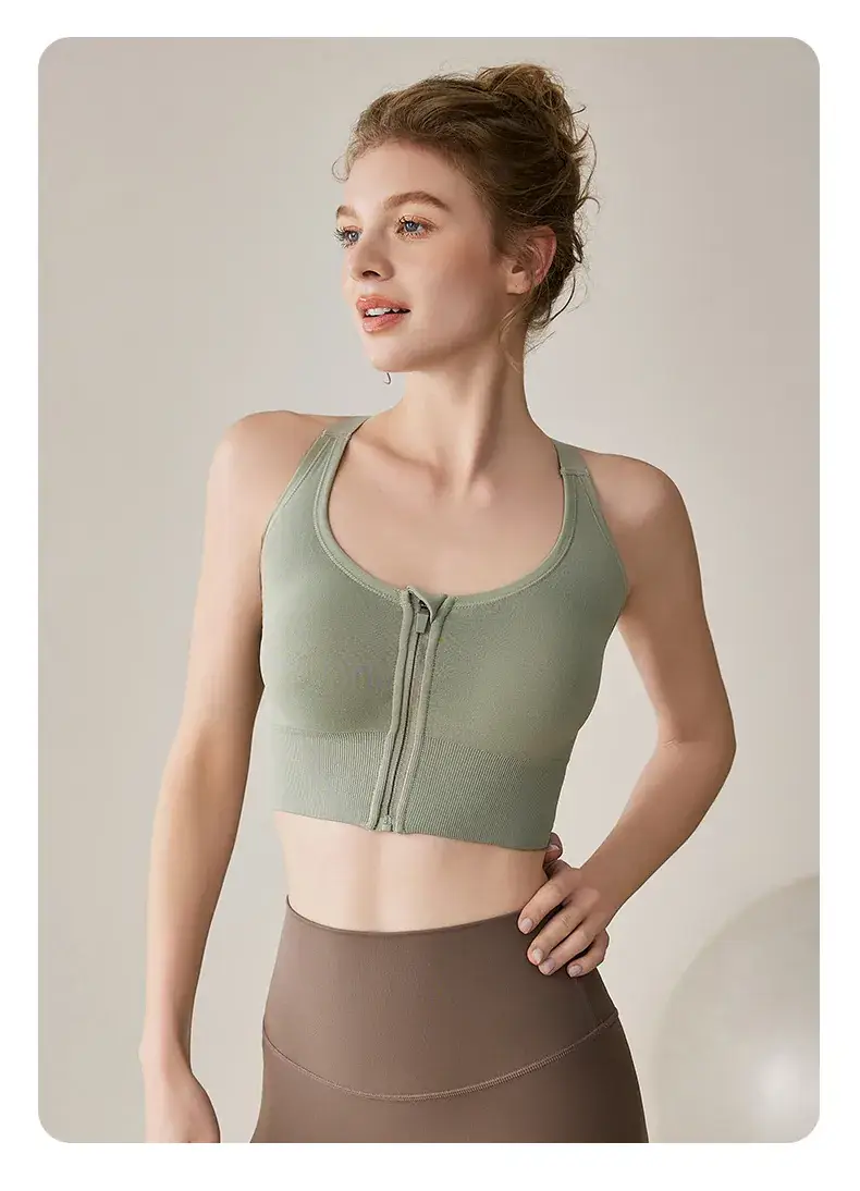 Front Zipper Hidden Buckle Sports Bra Green — feature 19