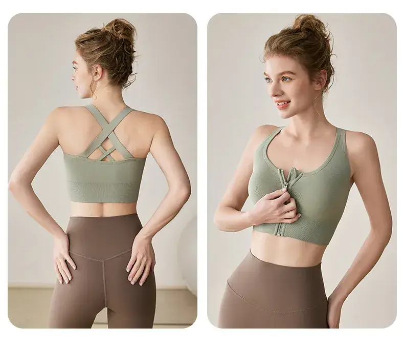 Front Zipper Hidden Buckle Sports Bra Green — feature 20