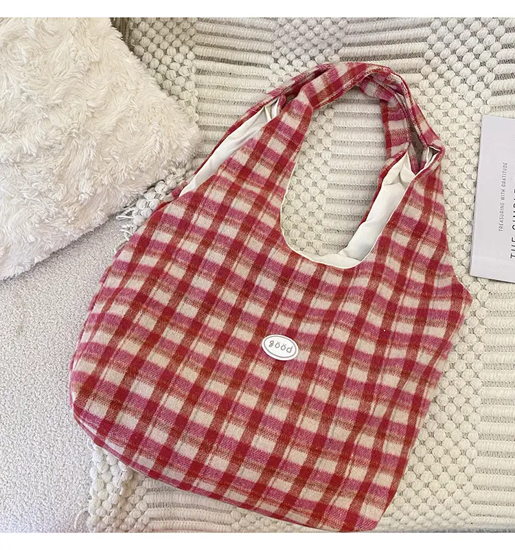 Red Checkered Woolen Shoulder Bag for Women - Image 4