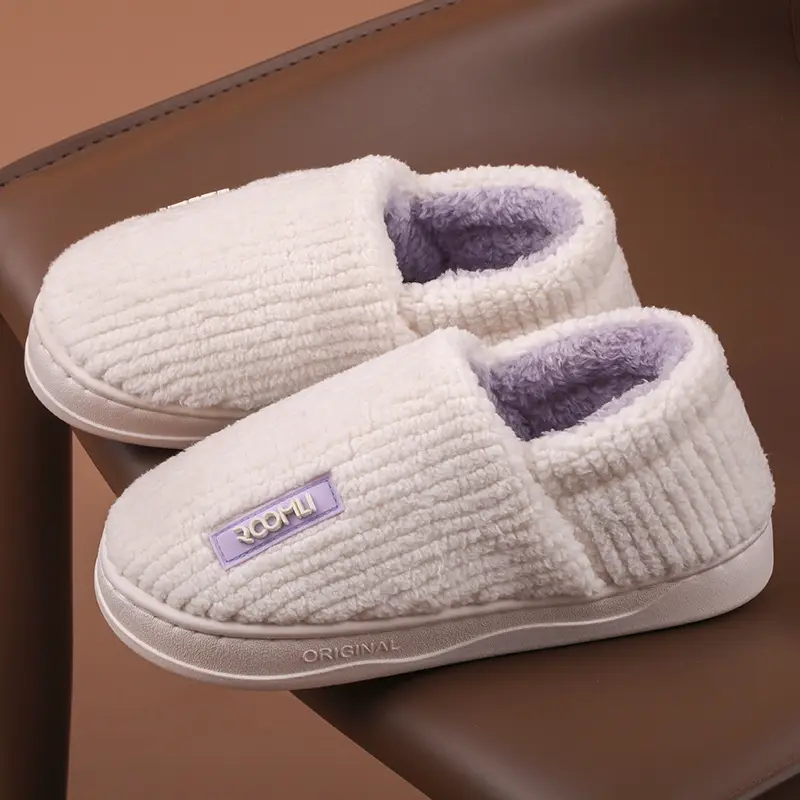 Women Cotton Slippers White Purple Fleece Lined - Image 7