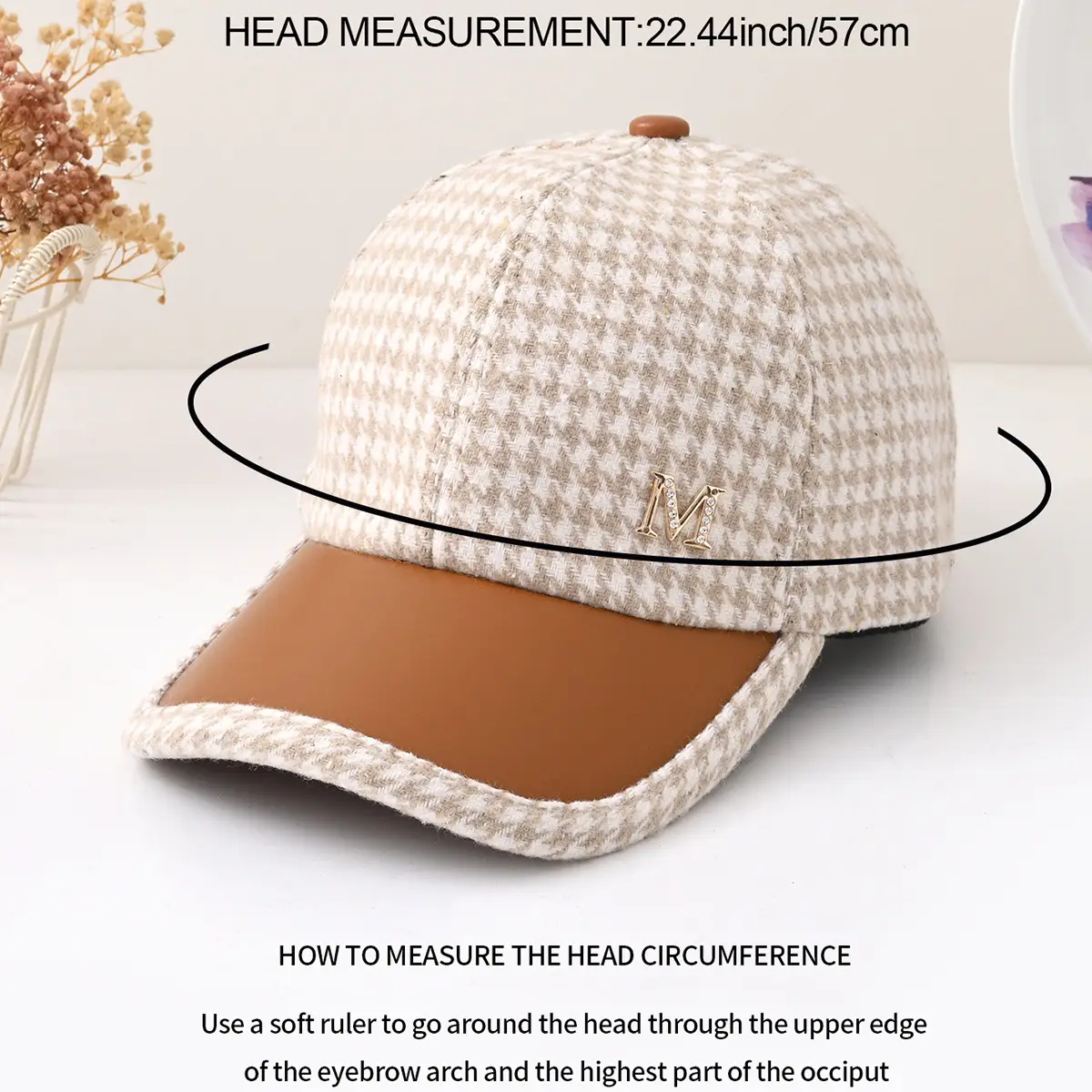 Men's Houndstooth Cap Beige Brown Leather Bump 224cm - Image 3