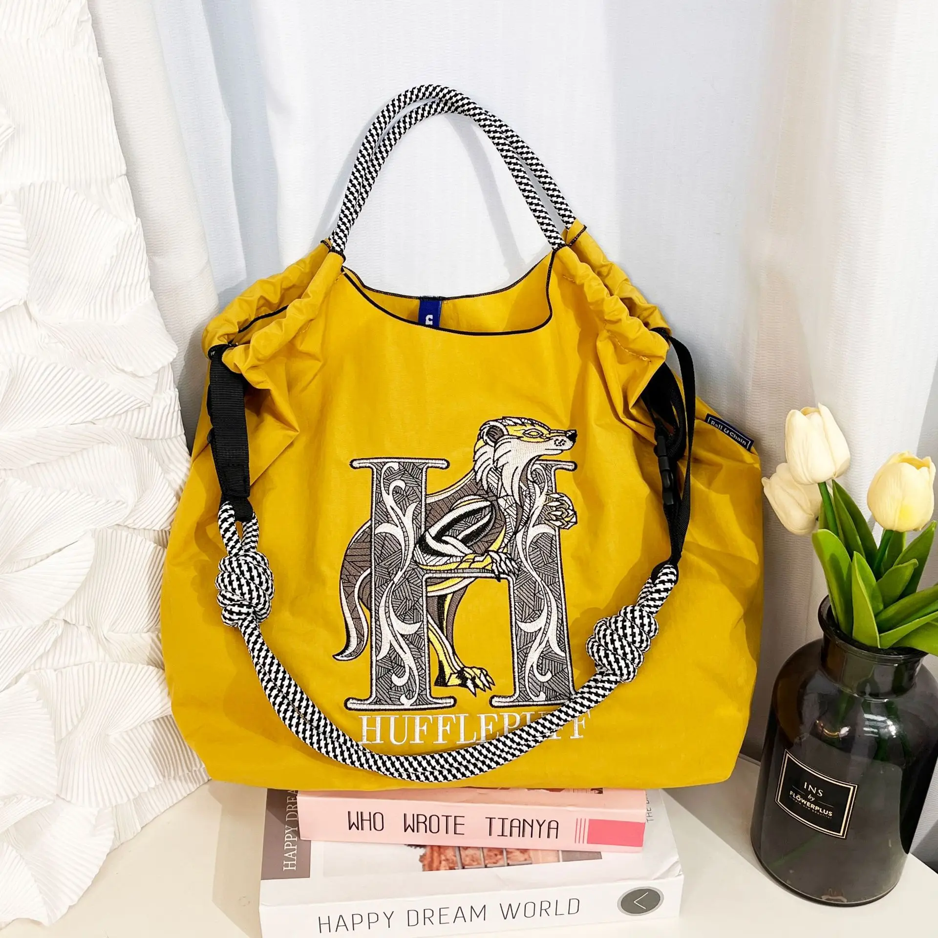 Yellow Embroidered Nylon Shoulder Bag Large Capacity - Image 14