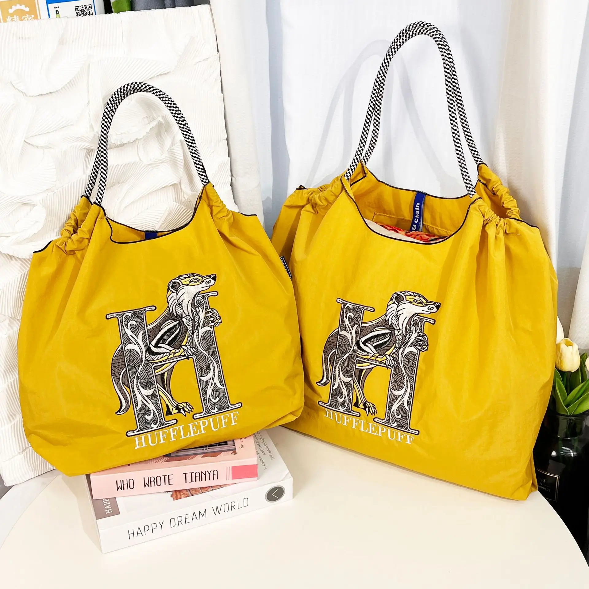 Yellow Embroidered Nylon Shoulder Bag Large Capacity - Image 16