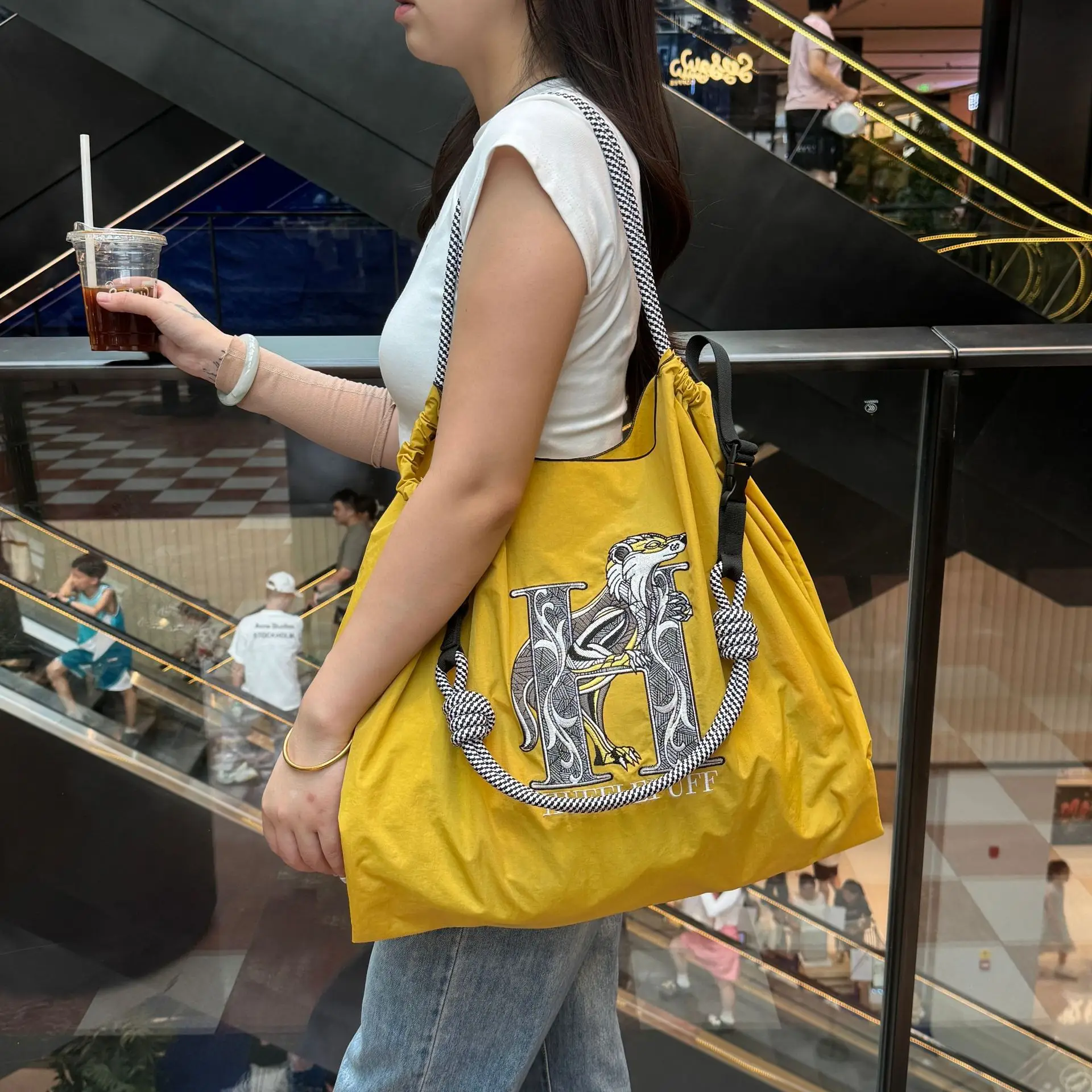 Yellow Embroidered Nylon Shoulder Bag Large Capacity — feature 11