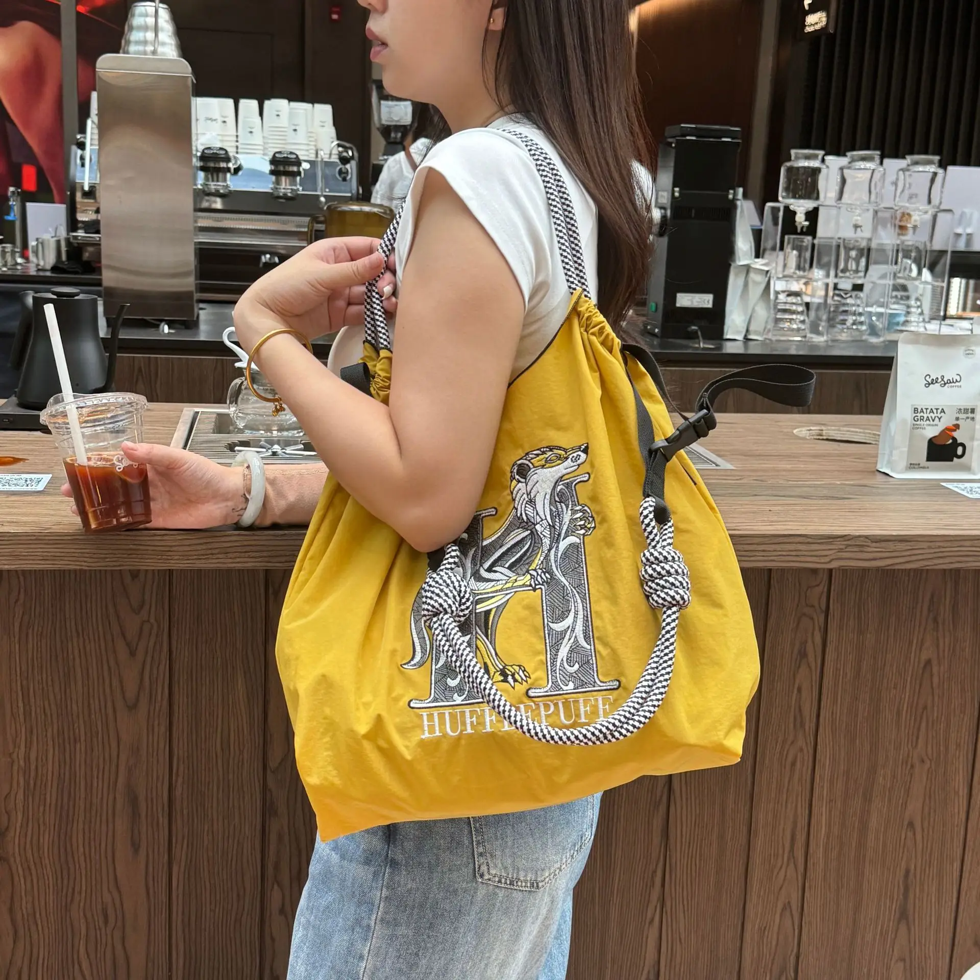 Yellow Embroidered Nylon Shoulder Bag Large Capacity — feature 6
