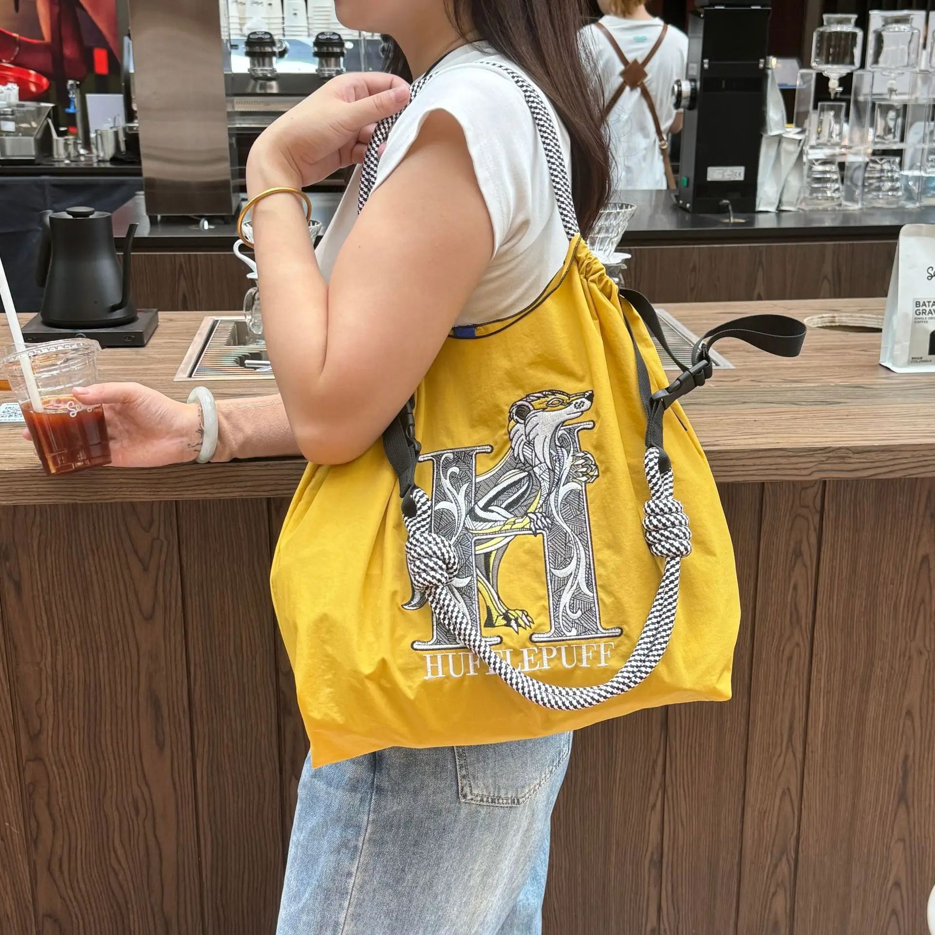 Yellow Embroidered Nylon Shoulder Bag Large Capacity — feature 7