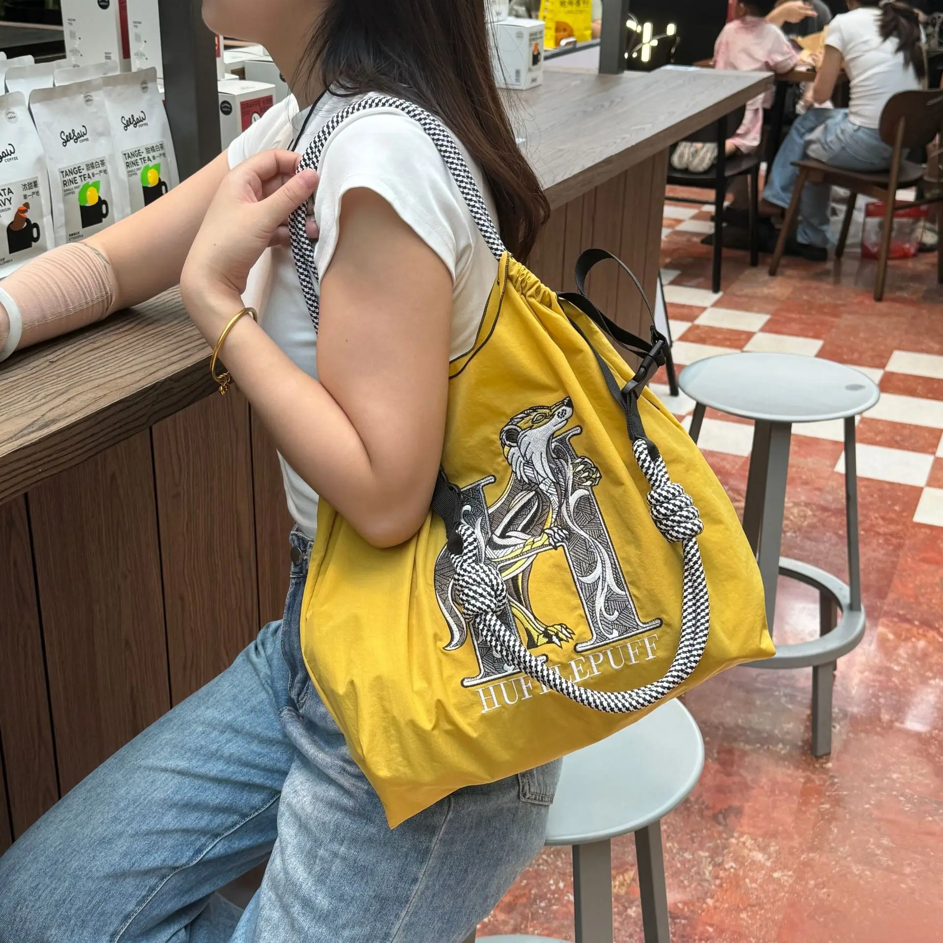 Yellow Embroidered Nylon Shoulder Bag Large Capacity — feature 8