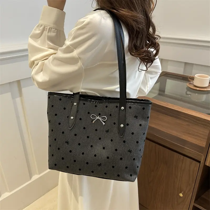 Black Polo Dot Bow Tote Bag for Women - Image 5