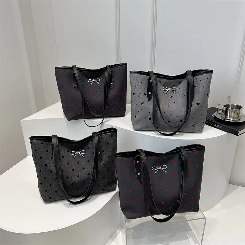 Black Polo Dot Bow Tote Bag for Women - Image 6