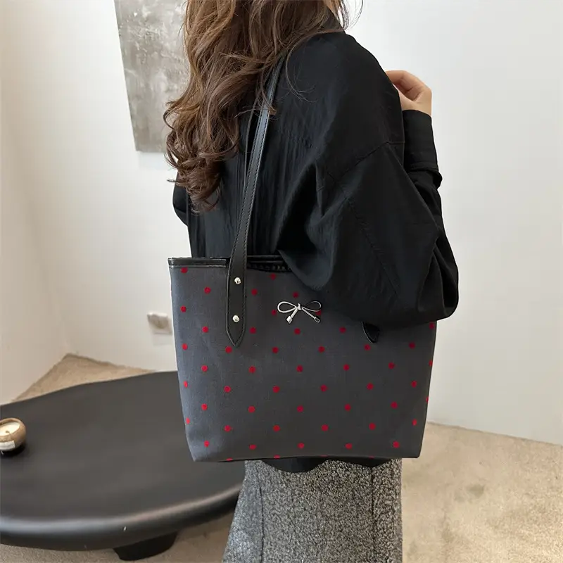 Black Polo Dot Bow Tote Bag for Women - Image 7