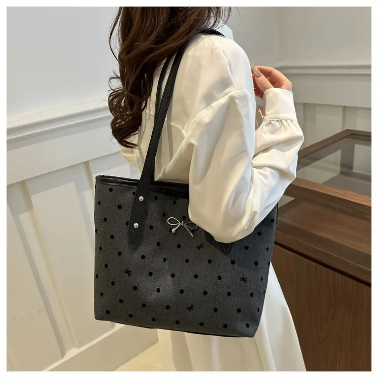 Black Polo Dot Bow Tote Bag for Women — feature 12