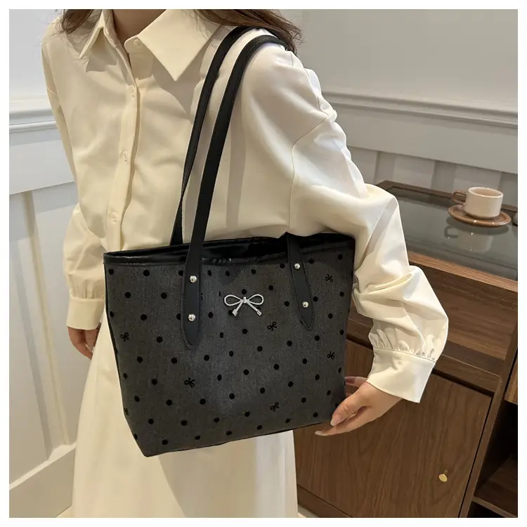 Black Polo Dot Bow Tote Bag for Women — feature 15