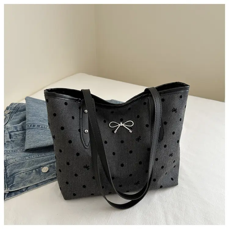 Black Polo Dot Bow Tote Bag for Women — feature 25