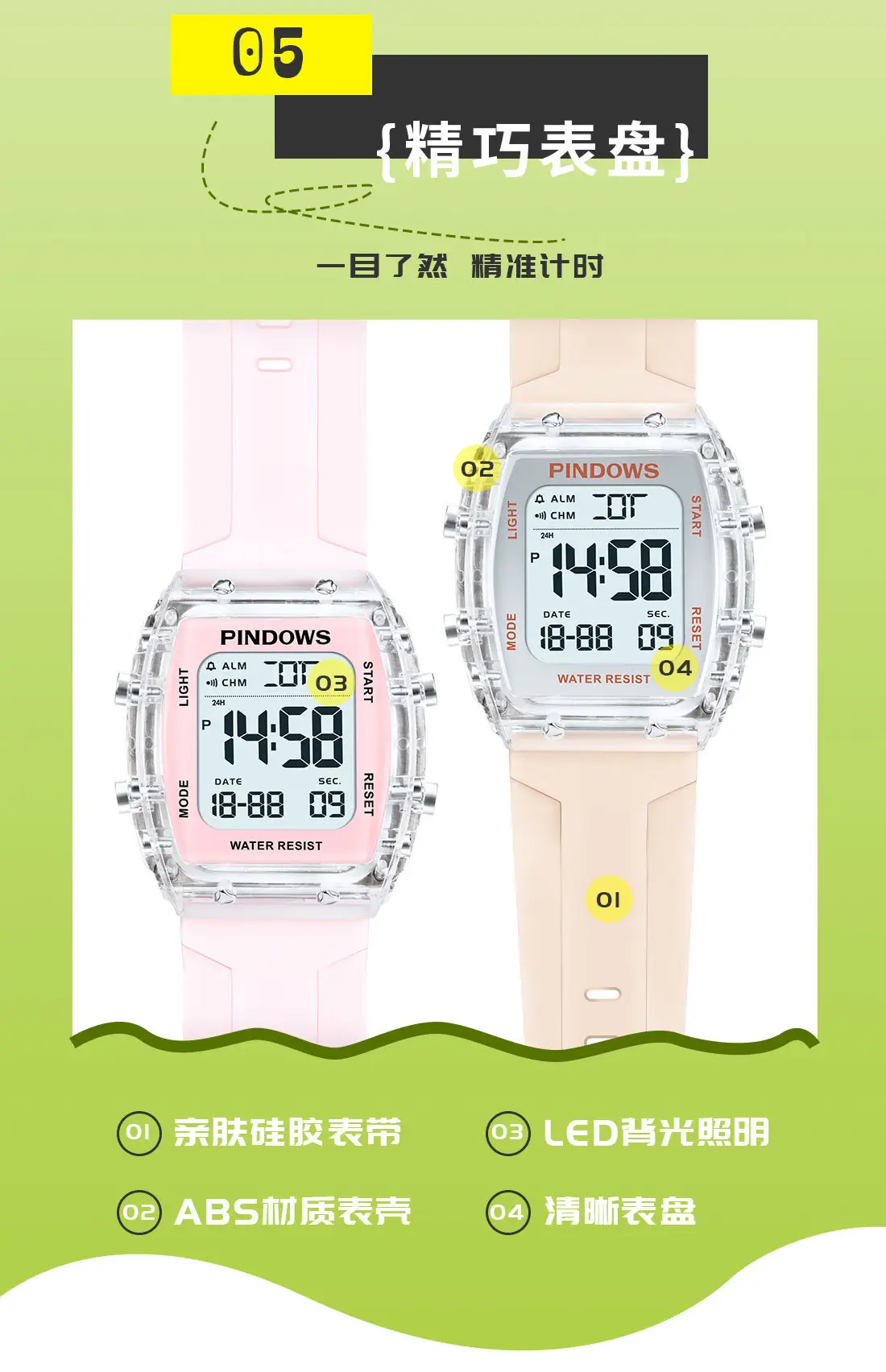 Pindao Digital Alarm Clock with Water Resistant White Strap — feature 10