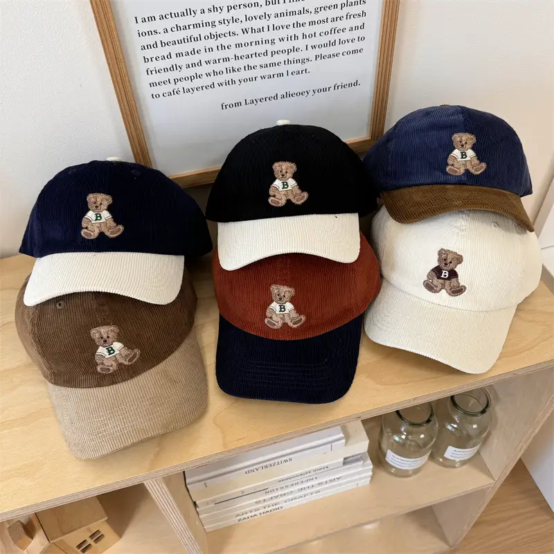 Vintage Bear Embroidered Corduroy Cap Women Spring Autumn