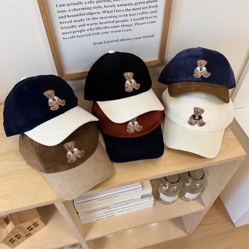 Vintage Bear Embroidered Corduroy Cap Women Spring Autumn