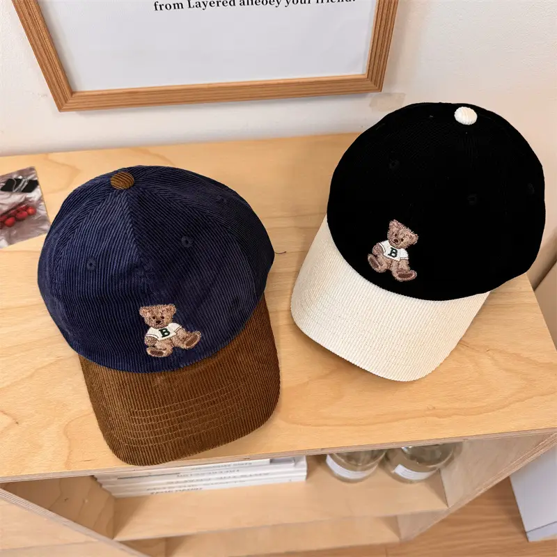 Vintage Bear Embroidered Corduroy Cap Women Spring Autumn