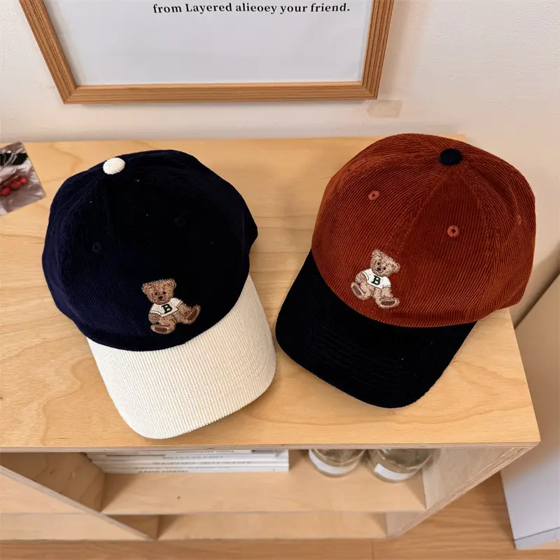 Vintage Bear Embroidered Corduroy Cap Women Spring Autumn