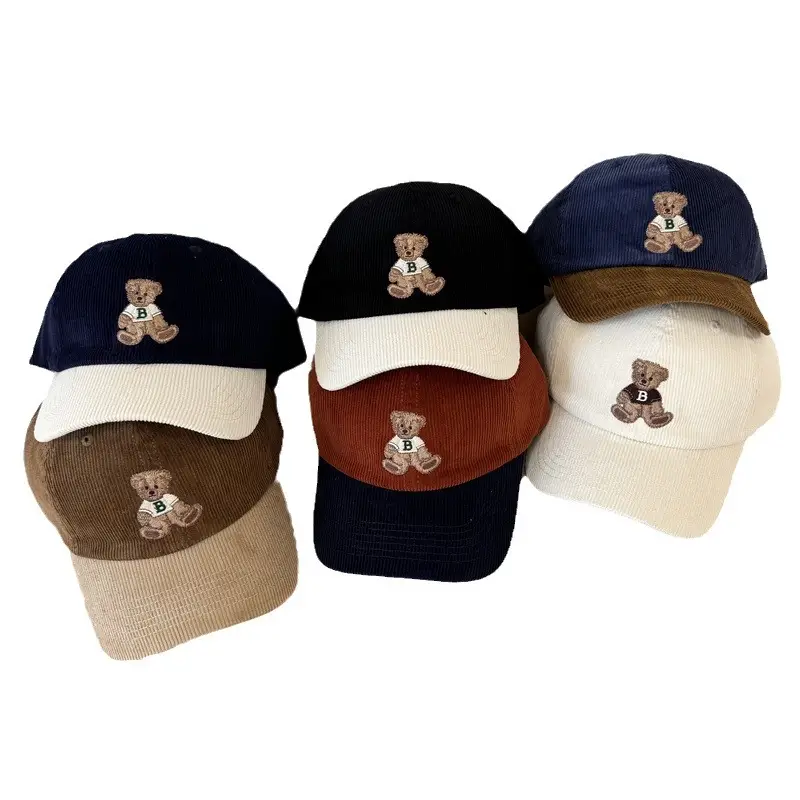 Vintage Bear Embroidered Corduroy Cap Women Spring Autumn