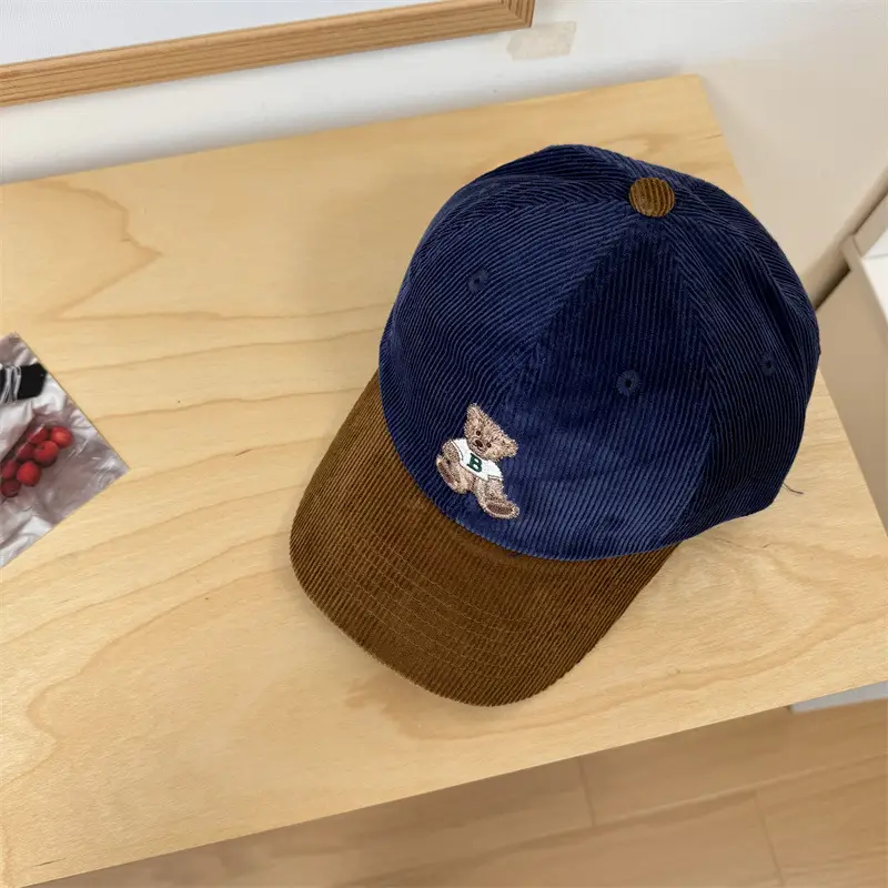 Vintage Bear Embroidered Corduroy Cap Women Spring Autumn