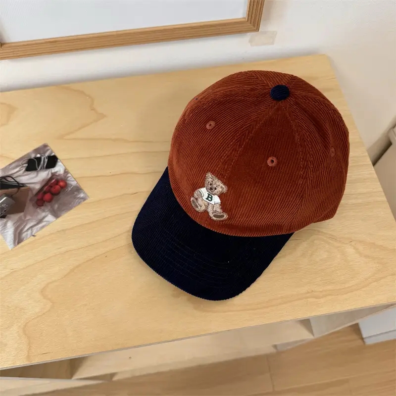 Vintage Bear Embroidered Corduroy Cap Women Spring Autumn