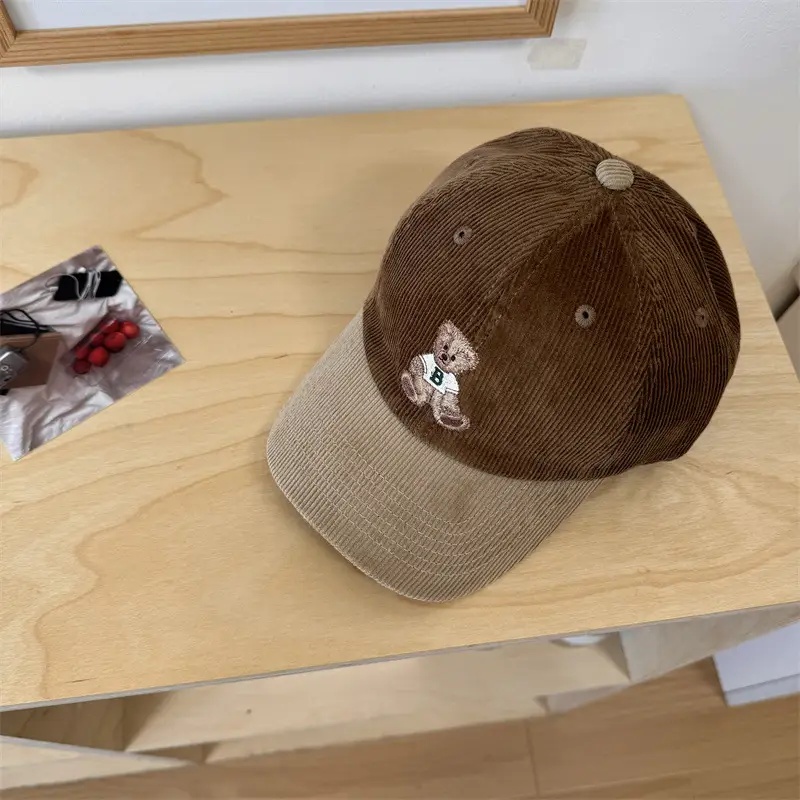 Vintage Bear Embroidered Corduroy Cap Women Spring Autumn