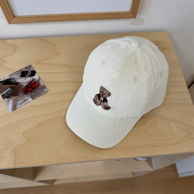 Vintage Bear Embroidered Corduroy Cap Women Spring Autumn