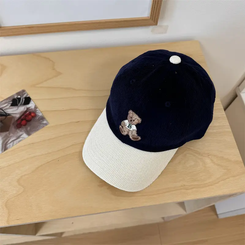 Vintage Bear Embroidered Corduroy Cap Women Spring Autumn