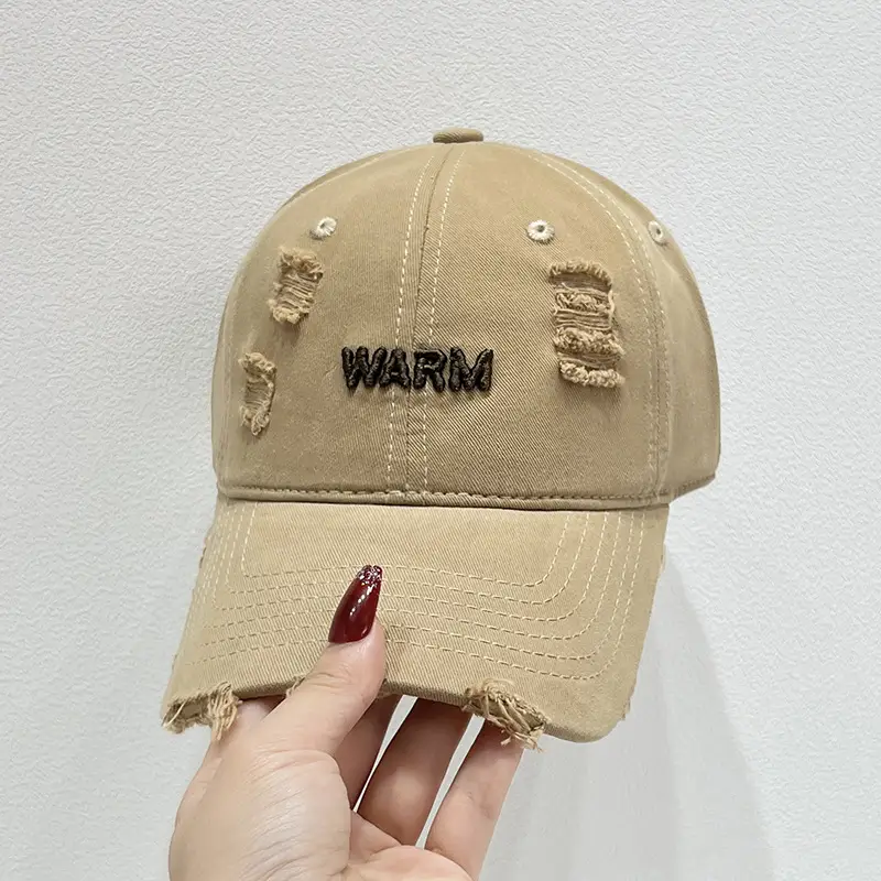 Women's Black Washed Hole Cap with "WARM" Embroidery - Image 4