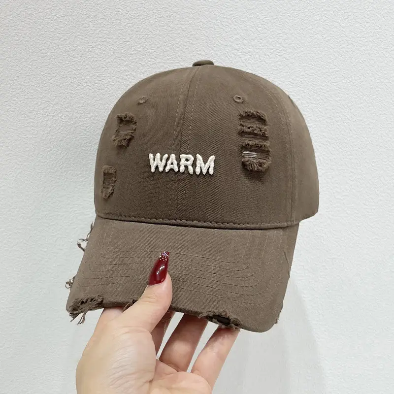 Women's Black Washed Hole Cap with "WARM" Embroidery - Image 5