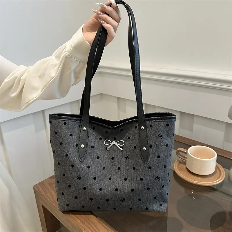 Women's Polka Dot Bow Tote Bag Grey 2026