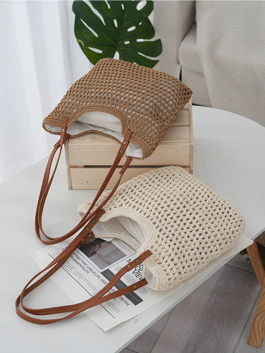Women's Handwoven Cotton Bag with Brown Handles - Image 2