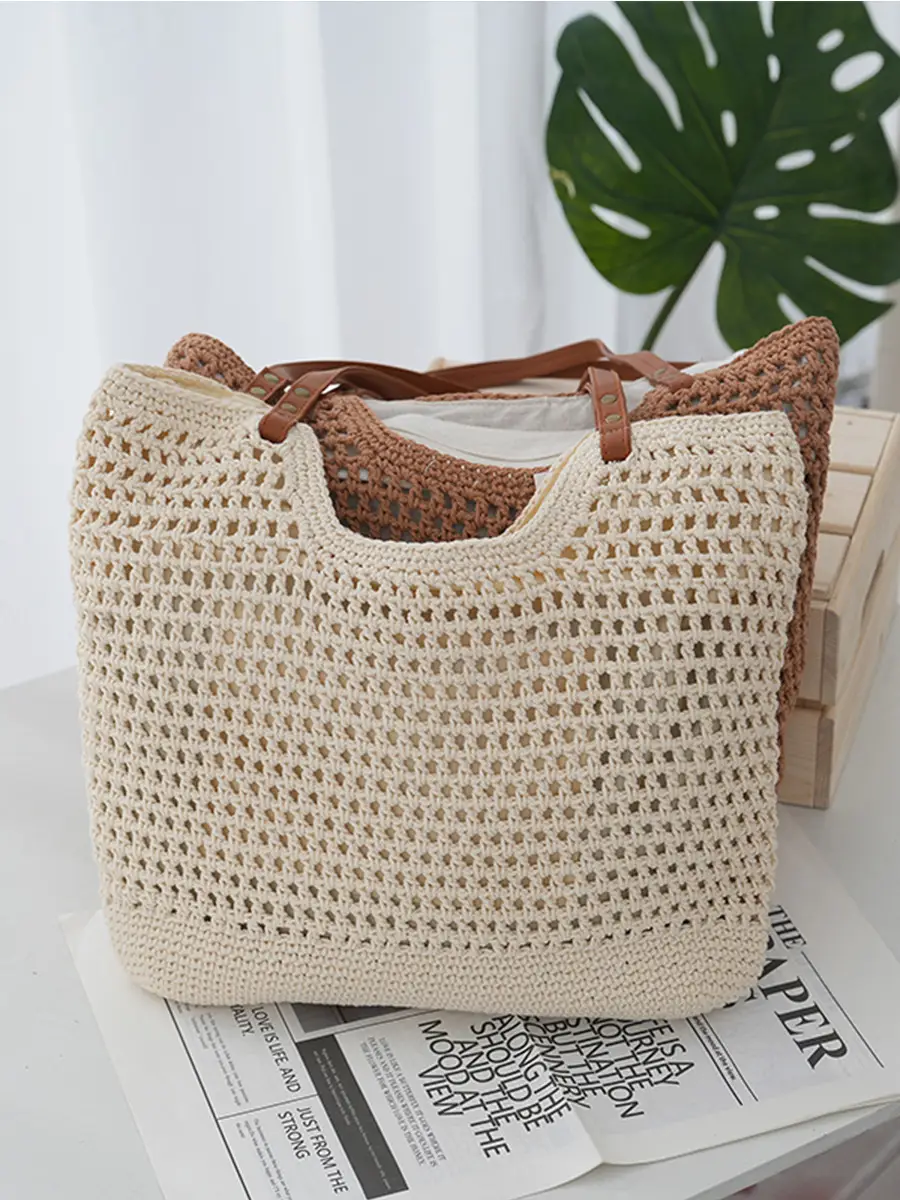 Women's Handwoven Cotton Bag with Brown Handles - Image 3