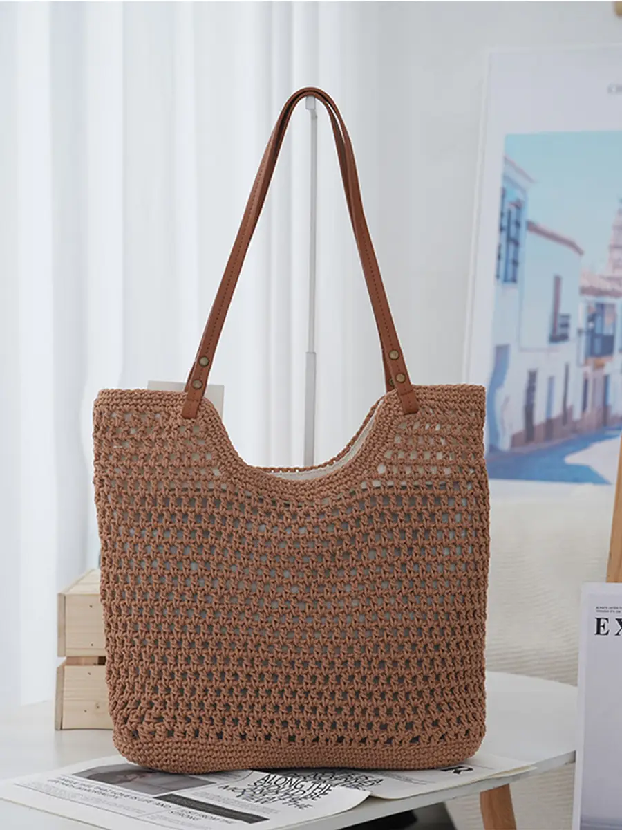 Women's Handwoven Cotton Bag with Brown Handles - Image 4