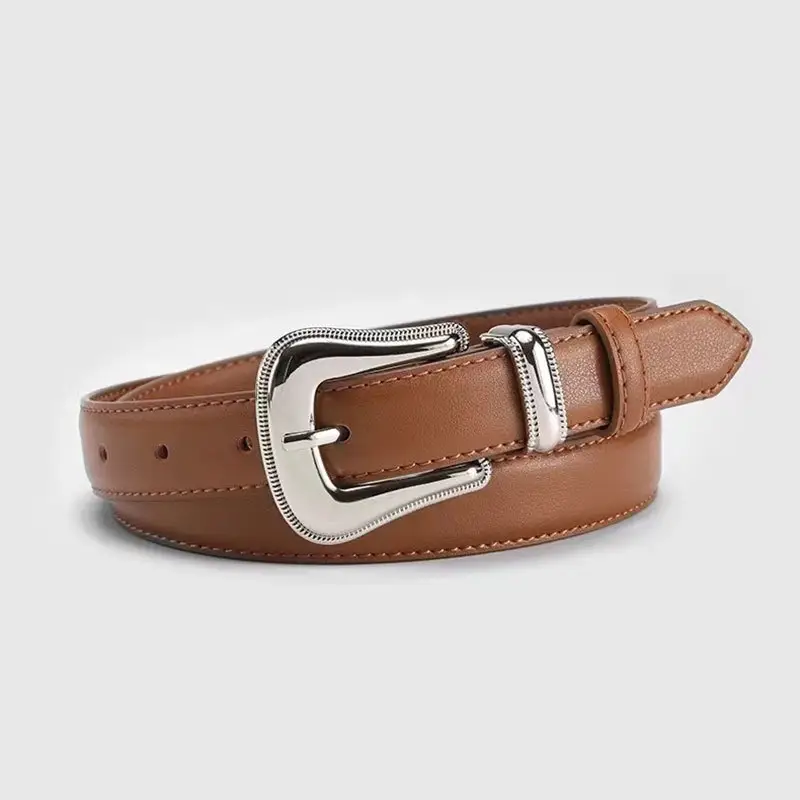Women's Brown Leather Belt with Silver Buckle - Image 5