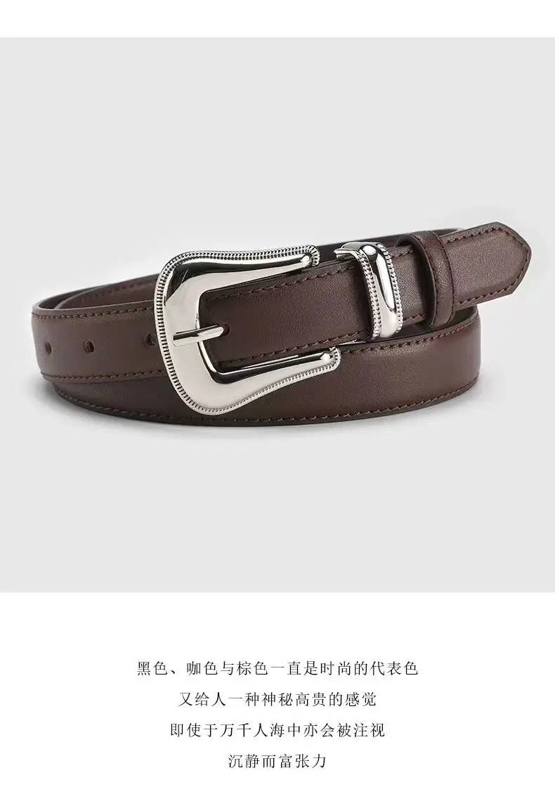 Women's Brown Leather Belt with Silver Buckle — feature 2