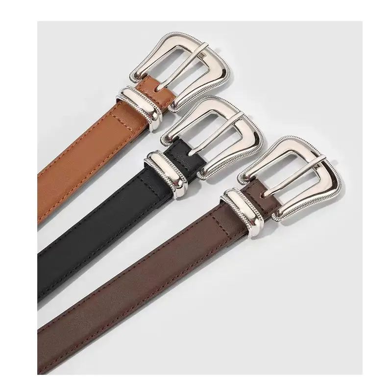 Women's Brown Leather Belt with Silver Buckle — feature 3