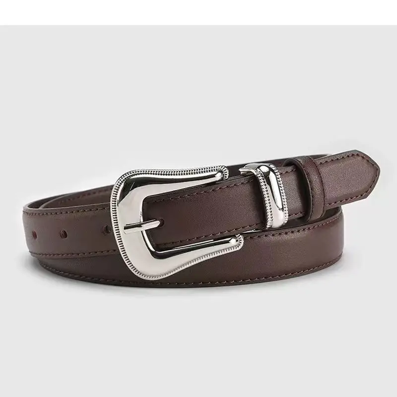 Women's Brown Leather Belt with Silver Buckle - Image 2