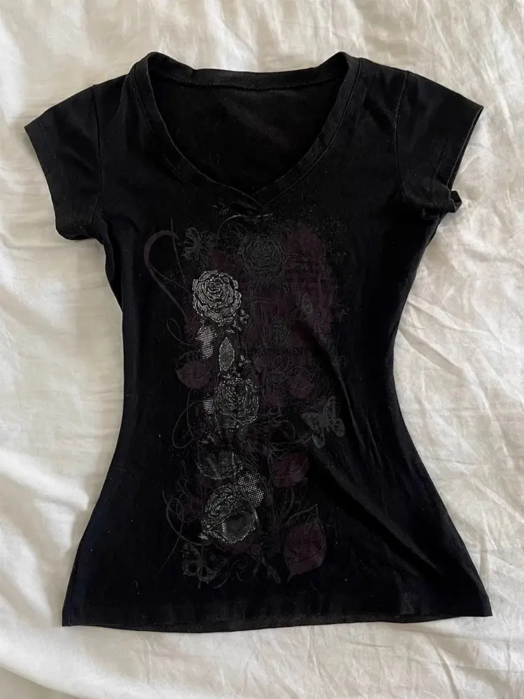210g 40 CounT Pure CoTTon 1*1] EleganT ReTro Black PrinTed T-shirT Niche Design WaisT Slimming Look Top