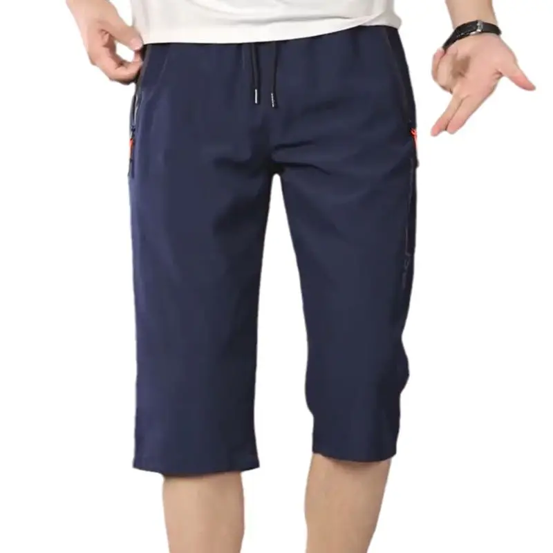 Men Ice Silk Cropped Shorts Zipper Pocket Black Blue