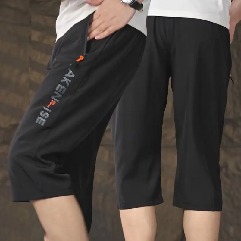 Men Ice Silk Cropped Shorts Zipper Pocket Black Blue — feature 3